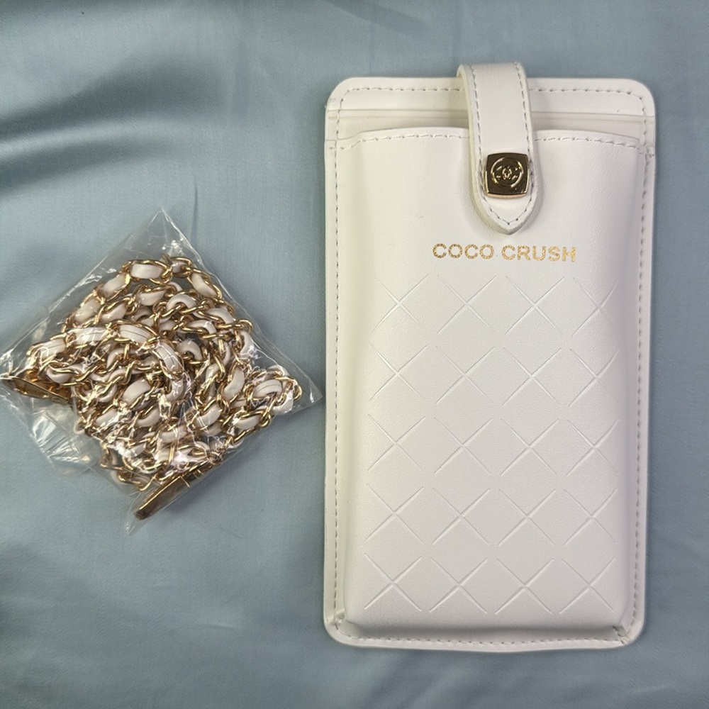CHANEL COCO CRUSH PHONE HOLDER/ WALLET  CHANEL LOGO WHITE GOLD TONE CROSSBODY